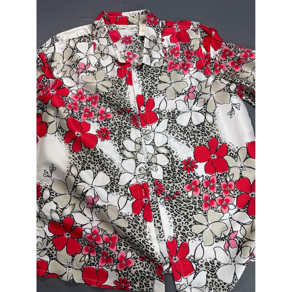 French Laundry Vtg 90s Womens Silk Blouse Large Red Floral Print Button Up Shirt